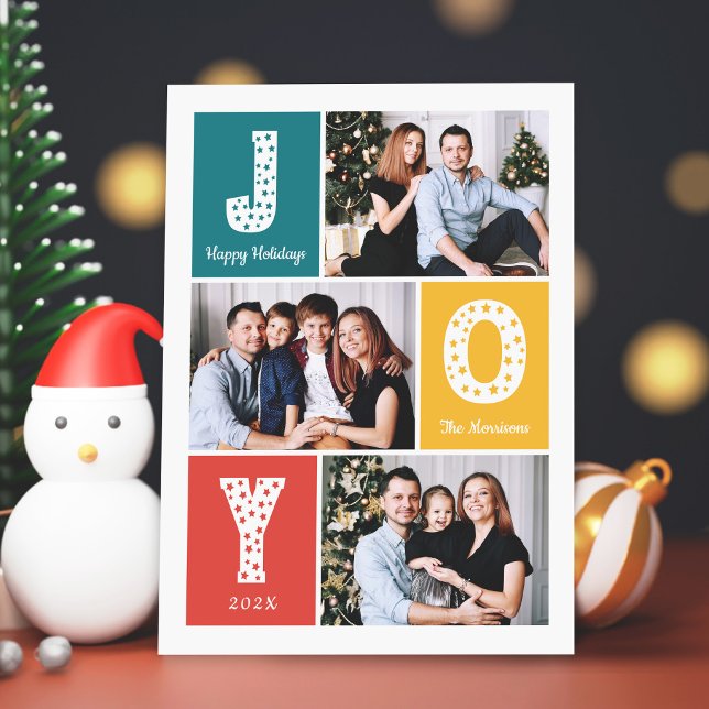 JOY Modern Happy Holidays 3 Photo Collage Holiday Card (Creator Uploaded)