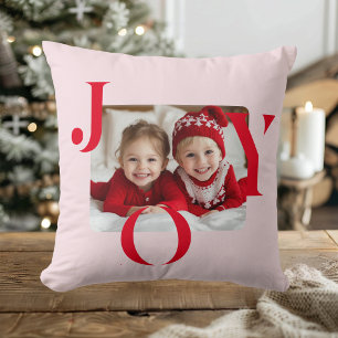 JOY   Modern Red And Pink Christmas Photo Gift Cushion
