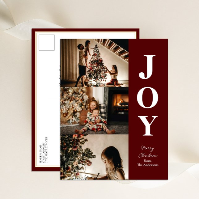 Joy Modern Red Christmas 3 Photo Collage Holiday Postcard (Creator Uploaded)