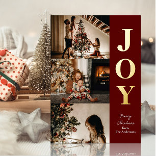 Joy Modern Red Gold Christmas 3 Photo Collage