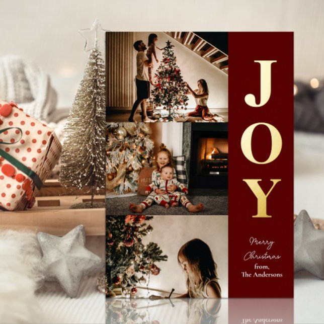 Joy Modern Red Gold Christmas 3 Photo Collage (Creator Uploaded)