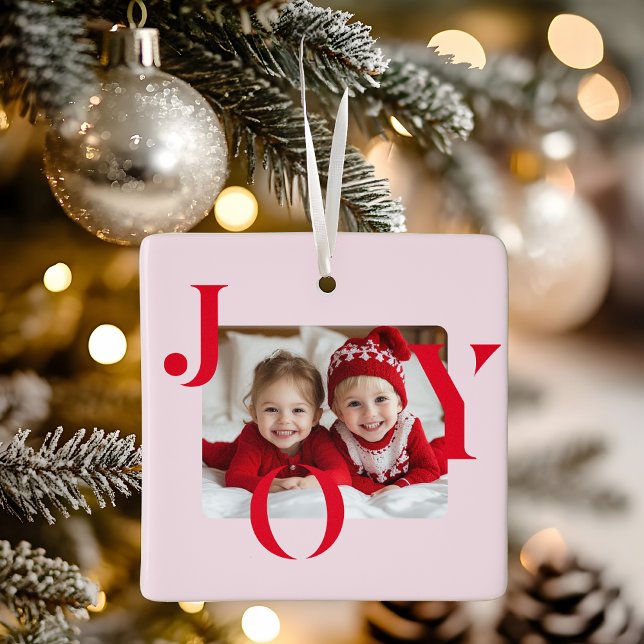 JOY | Modern Red & Pink Christmas Photo Gift Ceramic Ornament (Creator Uploaded)