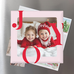 JOY   Modern Red & Pink Christmas Photo Gift Magnet