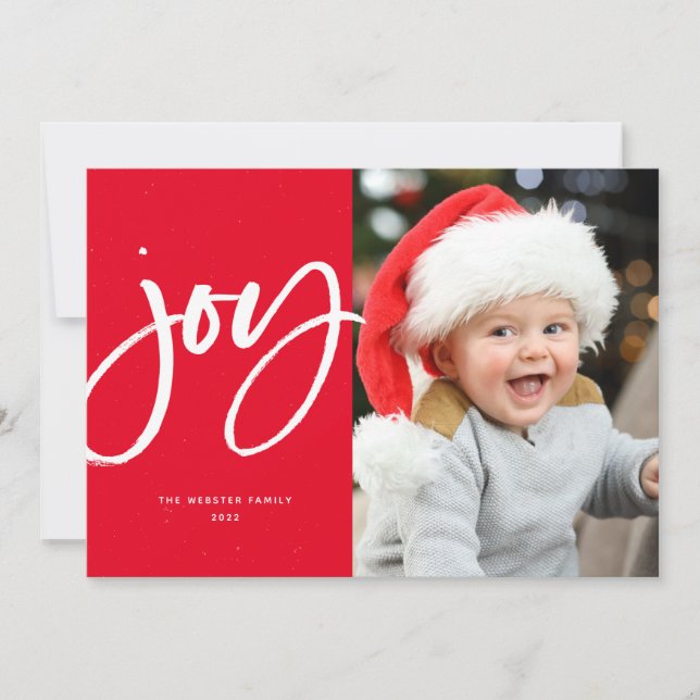 Joy modern red script Christmas one-photo Holiday Card (Front)