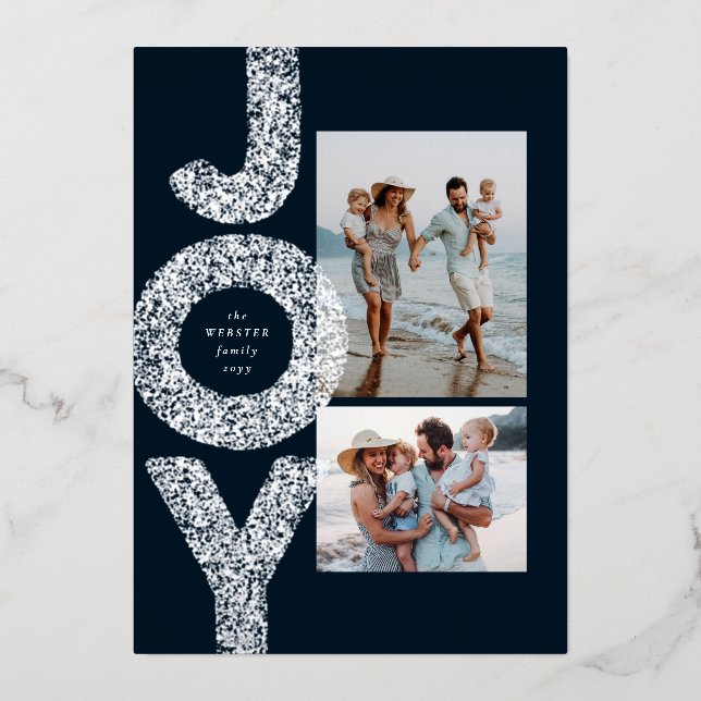 Joy modern two photo bold silver navy Christmas (Front)