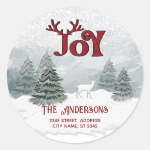 Joy Modern Watercolor winter deer scene   Classic Round Sticker
