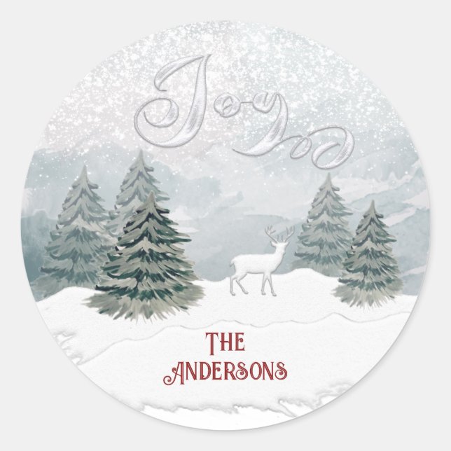  Joy Modern Watercolor winter scene  Classic Round Sticker (Front)