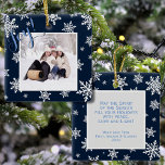 Joy! Navy Blue & White Snowflakes Christmas Photo Ceramic Ornament<br><div class="desc">This fun ornament features a festive design with a navy blue background and white snowflakes. The front has a picture frame so you can upload your photo with a caption that reads: Joy! The back has a space to write a short greeting or message, as well as your name(s) and...</div>