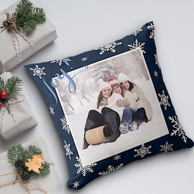 Joy! Navy Blue & White Snowflakes Holiday Photo Cushion (In Situ with Christmas Packages)