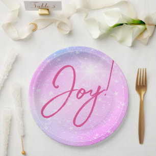 Joy! or Your Message Fuchsia Text Purple Pink Star Paper Plate