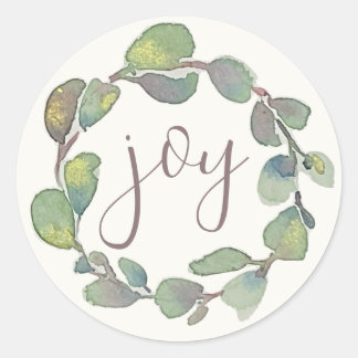 Joy Original Eucalyptus Watercolor Christmas Card Classic Round Sticker
