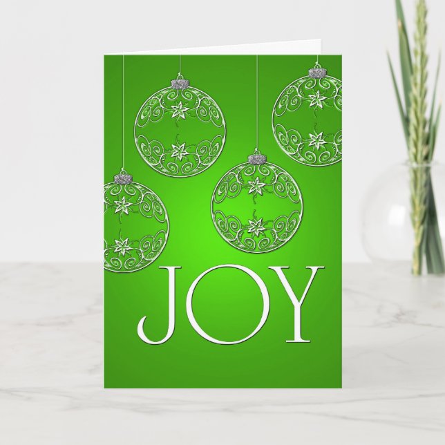 Joy Ornaments on emerald green elegant Holiday Card (Front)