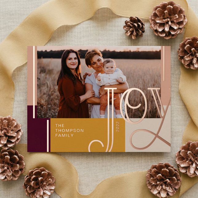 Joy Overlay Modern Blush Colour Block Family Photo (Joy Modern Personalized Family 2 Photo Christmas Foil Holiday Card)