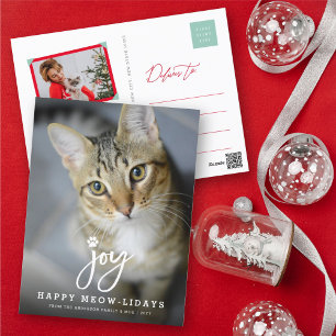 Joy Paw Print Brush Script Cat Lover Simple Pet Holiday Postcard