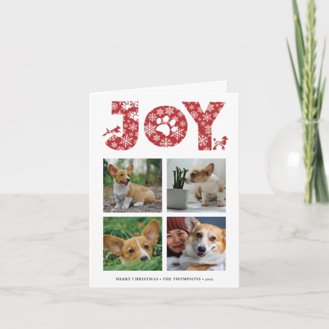 JOY Paws Snowflake | Pet Lover Four Photo Collage Holiday Card (Front)