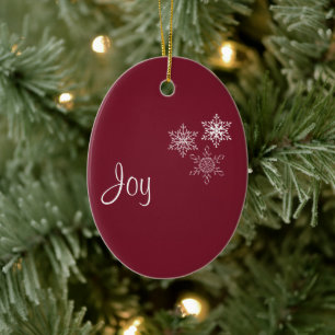 Joy, Peace and 3 Snowflakes Red and White Minimal Ceramic Tree Decoration