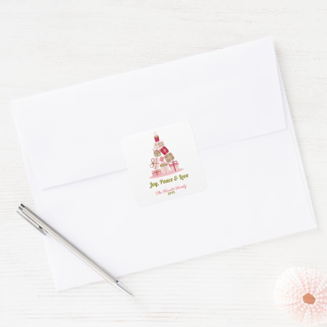 Joy Peace and Love Christmas Tree Card Square Sticker (Envelope)
