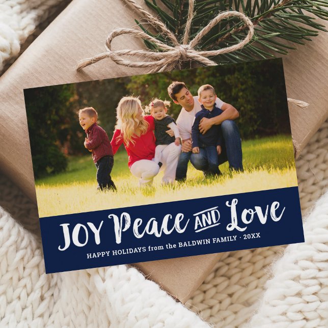 Joy Peace and Love Navy Blue Brushed Script Photo Holiday Card (Creator Uploaded)