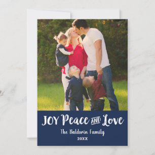 Joy Peace and Love Navy Blue Brushed Script Photo Holiday Card