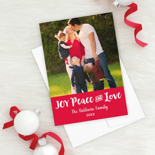Joy Peace and Love Red Brushed Script Photo Holiday Card (Creator Uploaded)