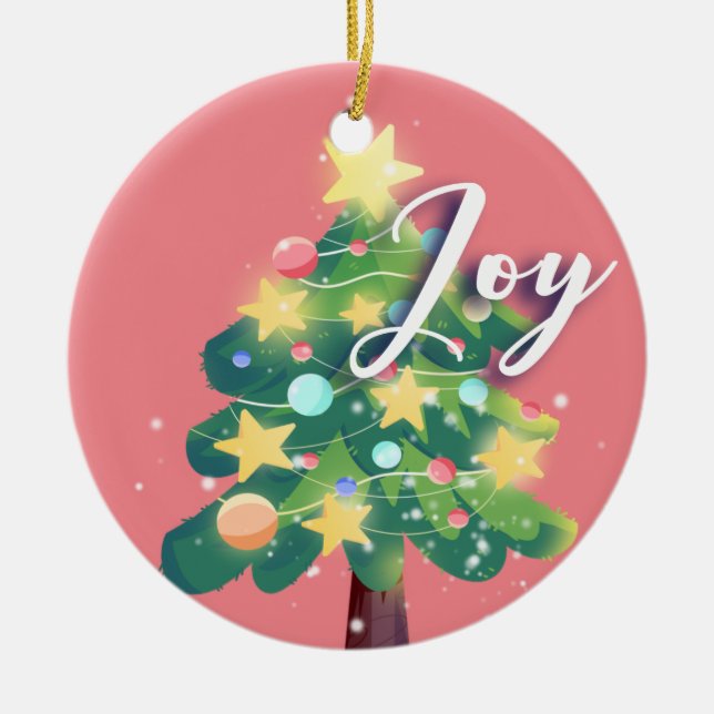 Joy & Peace Carton Christmas Tree Pink  Ceramic Tree Decoration (Front)