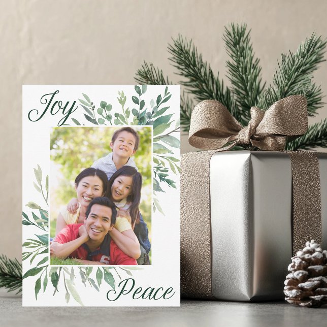 Joy Peace Elegant Botanical Greenery Family Photo Holiday Card (Creator Uploaded)