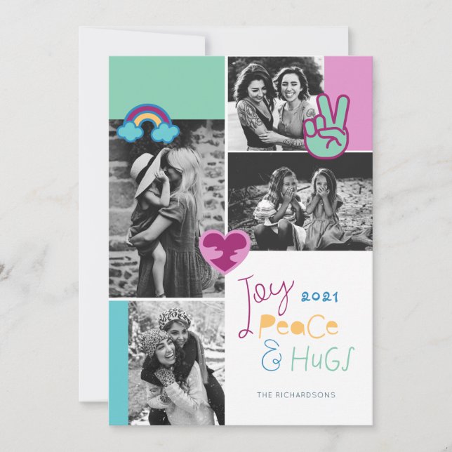 Joy Peace & Hugs Fun Christmas Emoji Photo Collage Holiday Card (Front)