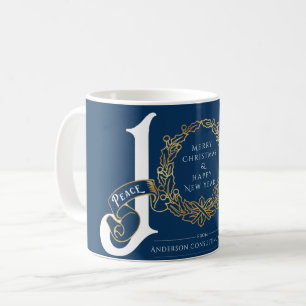 Joy Peace Love Blue Gold Corporate Christmas Gift Coffee Mug
