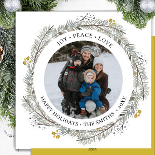 JOY PEACE LOVE Gold Berry Pine Bough Wreath Circle Holiday Card
