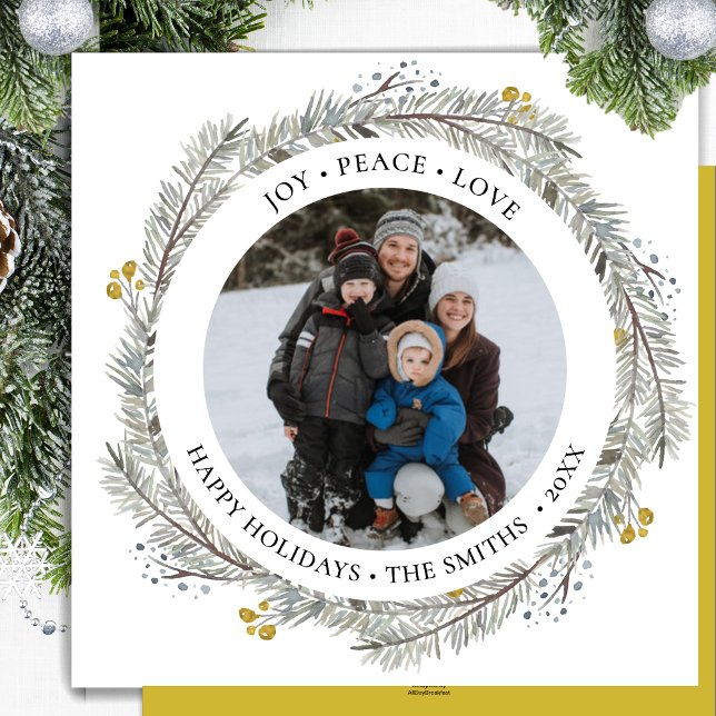 JOY PEACE LOVE Gold Berry Pine Bough Wreath Circle Holiday Card (Creator Uploaded)