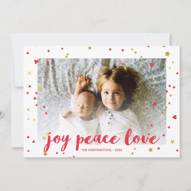 Joy Peace Love | Hearts & Stars | Christmas Photo Holiday Card (Front)