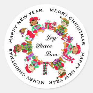 Joy, Peace, Love Little Whimsical Elves Classic Round Sticker