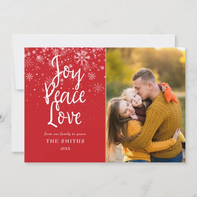 Joy Peace Love Script Snowflakes Photo Christmas Holiday Card (Front)