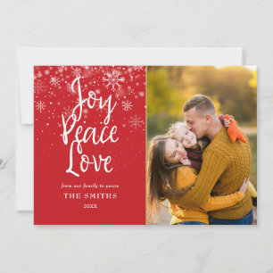 Joy Peace Love Script Snowflakes Photo Christmas Holiday Card