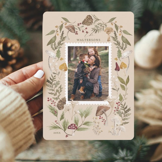 Joy Peace Love Watercolor Woodsy Mushrooms Photo Holiday Card (Creator Uploaded)