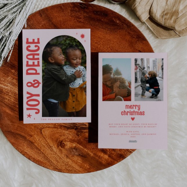 Joy & Peace Minimalist Pink Arch Holiday Card (Creator Uploaded)