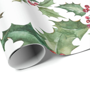 Joy  Peace  Watercolor Holly and Berries Wrapping Paper