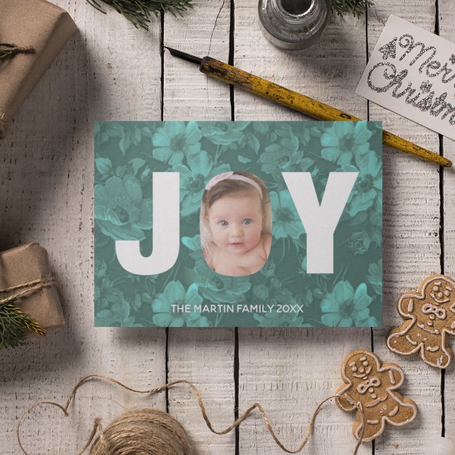 Joy Peekaboo Christmas Photo Pretty Green Floral Holiday Card (Creator Uploaded)