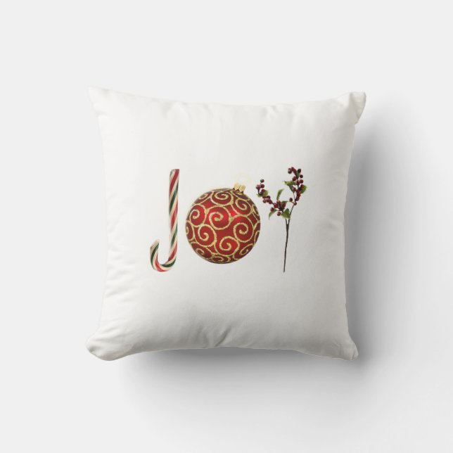 Joy personalised candy cane ornament holly cushion (Front)