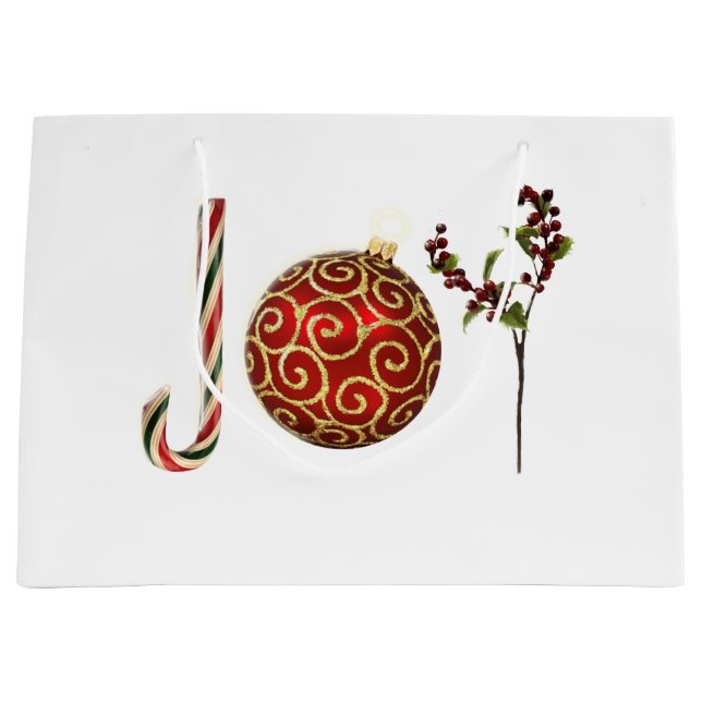 Joy personalised candy cane ornament holly large gift bag (Front)