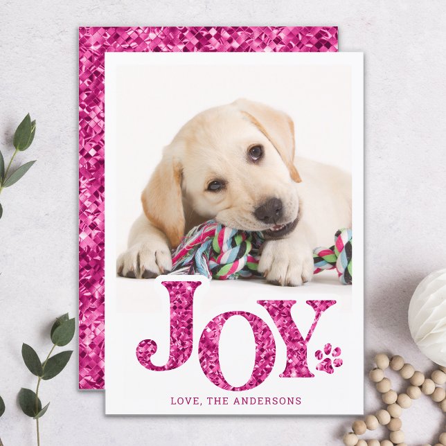 JOY Personalised Pet Photo Pink Paw Print Dog Holiday Card (Creator Uploaded)