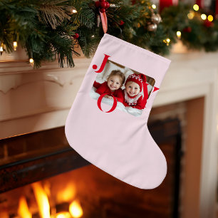 JOY   Personalised Red & Pink Christmas Photo Large Christmas Stocking