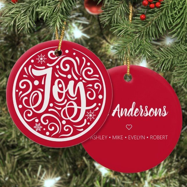 Joy Personalized Family Name Christmas Holiday Red Ceramic Tree Decoration (Creator Uploaded)