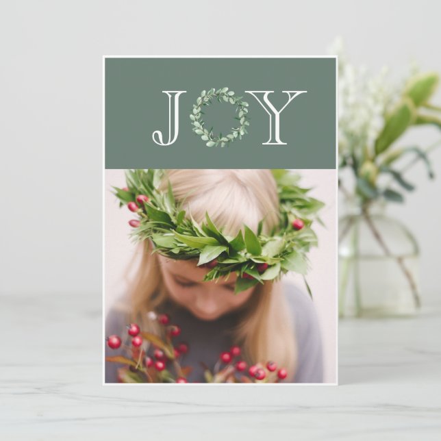 Joy Photo Eucalyptus Wreath Personalised Holiday Card (Standing Front)