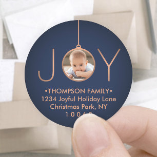 JOY Photo Navy Blue Christmas Return Address Label