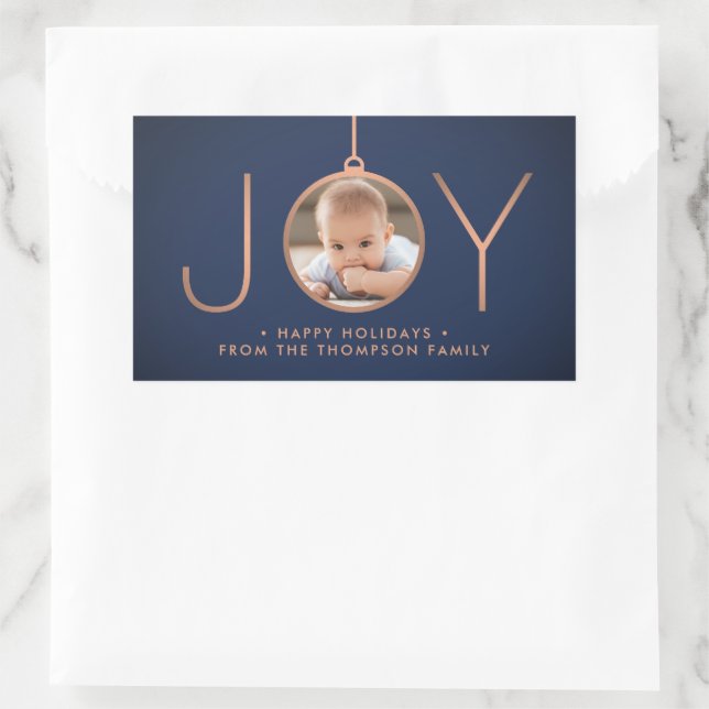 JOY Photo Navy Blue Copper Elegant Modern Holiday Rectangular Sticker (Bag)