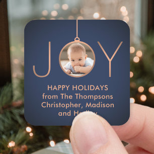 JOY Photo Navy Blue Copper Elegant Modern Holiday Square Sticker