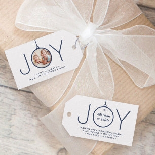 JOY Photo Navy Blue White Modern Minimal Christmas Gift Tags