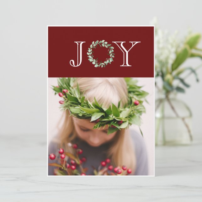 Joy Photo Red Christmas Personalised Holiday Card (Standing Front)