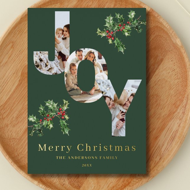 JOY photo template green Christmas foil card (Creator Uploaded)